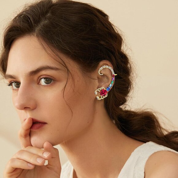 925 Silver Butterfly Ear Cuff Earrings for Women, Gold Purple Cubic Zirconia, Hy - Picture 2 of 6